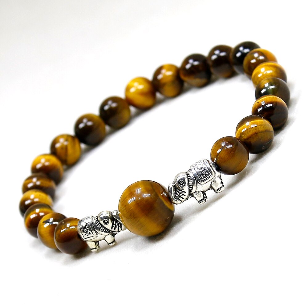 Plated Silver Elephant Charm Bracelet Men 8mm Natural Tiger Eye Stone Beads Bracelet Handmade Stretch Beaded Bracelets for Men Women