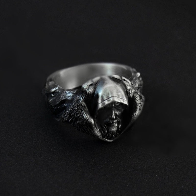Mens Viking Norse Mythology Odin Raven Wolf Ring Stainless Steel Scandinavian Amulet Ring Mens Jewelry