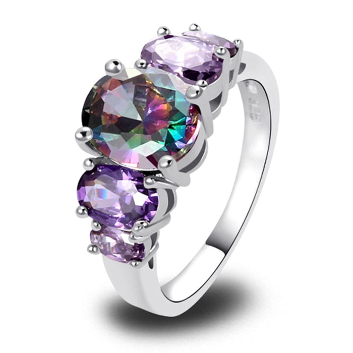 Luxurious Multi-Color Topaz Stone Ring Silver Plated Rainbow Color Fashion Jewelry Ring for Jewelry Fashion Woman Ring Gift