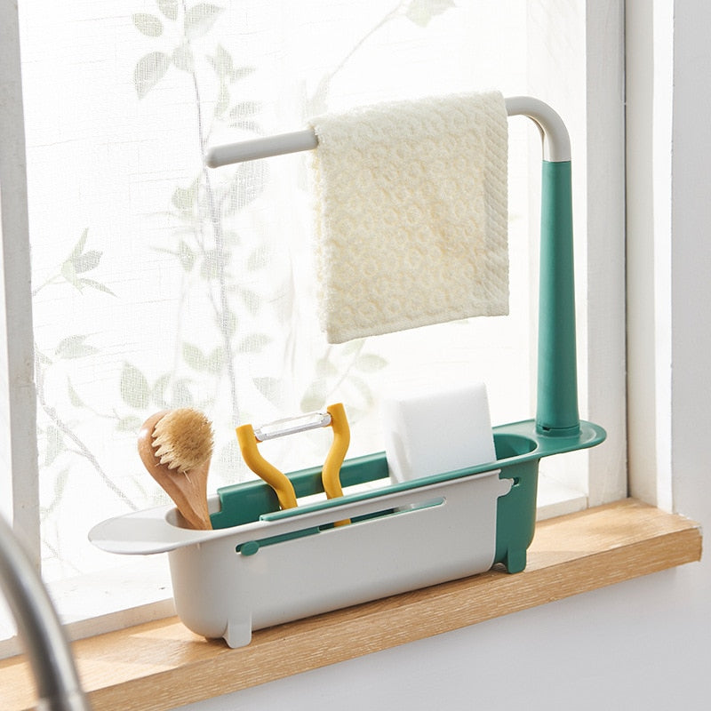 Kitchen Sink Shelf Telescopic Towel Holder Sinks Organizer Soap Sponge Holder Sink Drain Rack Storage Basket Kitchen Gadgets Accessories