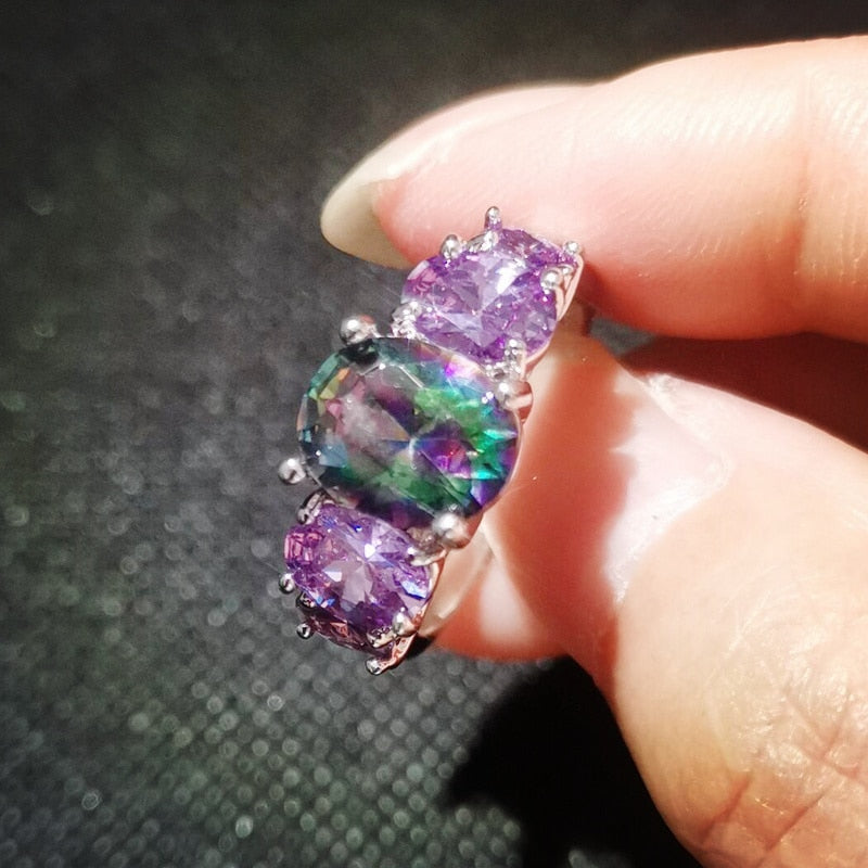 Luxurious Multi-Color Topaz Stone Ring Silver Plated Rainbow Color Fashion Jewelry Ring for Jewelry Fashion Woman Ring Gift