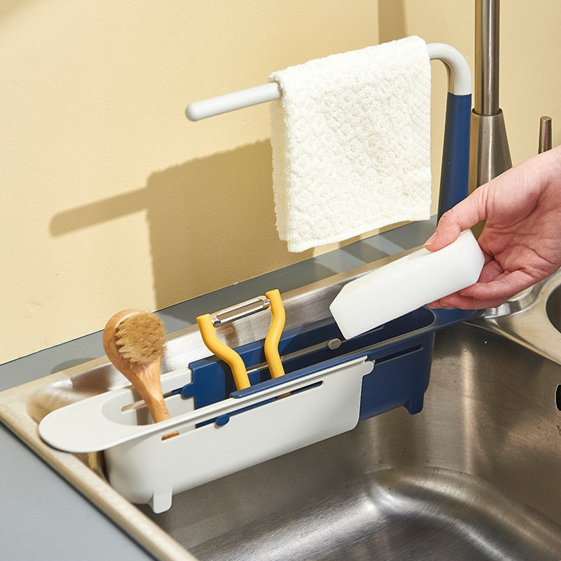 Kitchen Sink Shelf Telescopic Towel Holder Sinks Organizer Soap Sponge Holder Sink Drain Rack Storage Basket Kitchen Gadgets Accessories