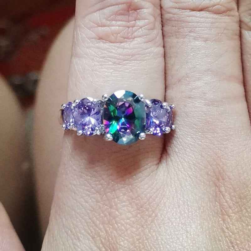 Luxurious Multi-Color Topaz Stone Ring Silver Plated Rainbow Color Fashion Jewelry Ring for Jewelry Fashion Woman Ring Gift