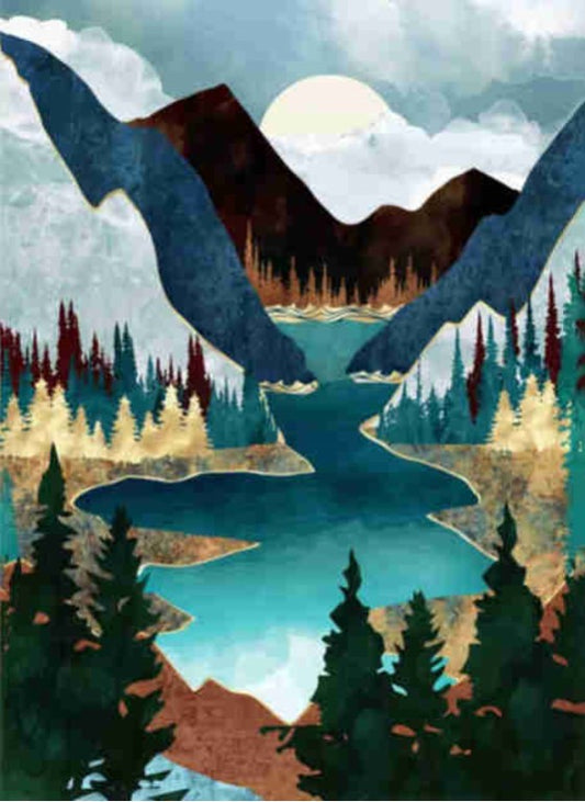Mountain Landscape Full Round Drill Diamond Painting Kit Forest Tree Lakeshore Abstract DIY Diamond Painting Kits Ships from USA