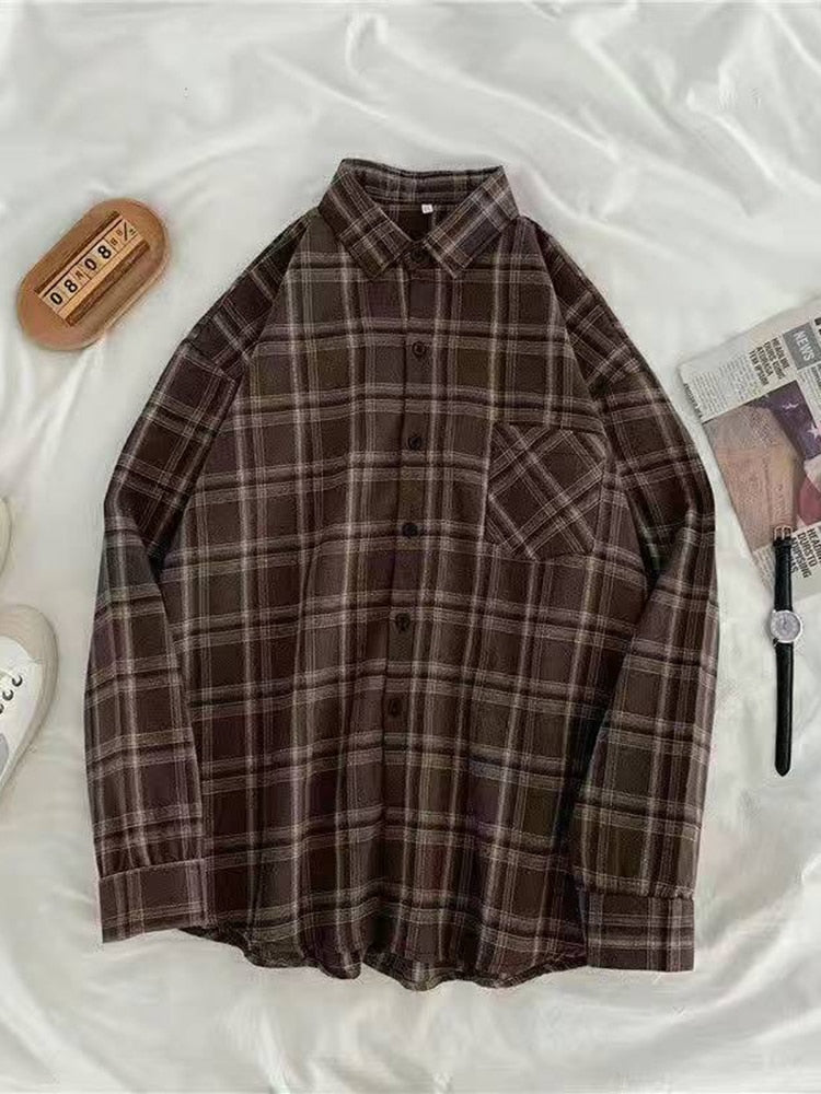 Vintage Style Womens Plaid Shirts Autumn Long Sleeve Oversize Button Up Tops Loose-Wear Casual Fall Outwear Femme Shirts