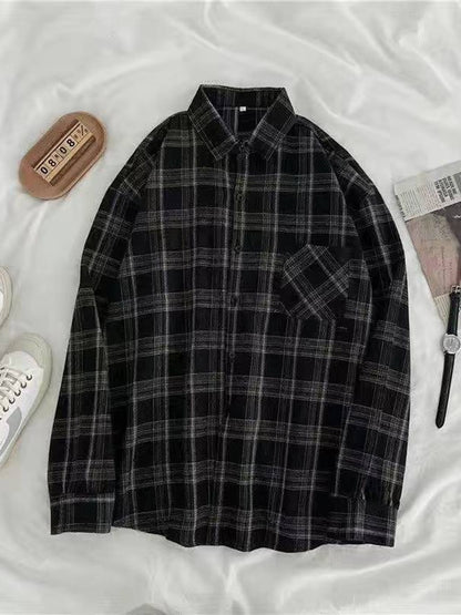 Vintage Style Womens Plaid Shirts Autumn Long Sleeve Oversize Button Up Tops Loose-Wear Casual Fall Outwear Femme Shirts