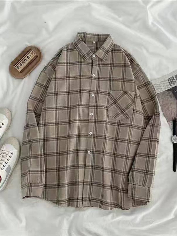 Vintage Style Womens Plaid Shirts Autumn Long Sleeve Oversize Button Up Tops Loose-Wear Casual Fall Outwear Femme Shirts
