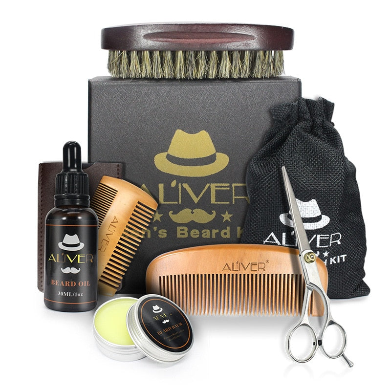 6pcs/set Men Beard Kit Barber Grooming Beard Set Beard Oil Moisturizing Wax Blam Comb Essence Styling Scissors Hair no box