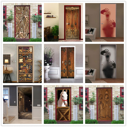 2PCS SET 3D Door Sticker PVC Self-adhesive Waterproof Removable Home Decor Wine Shelf Decals DIY Wall Art Mural stickers porte