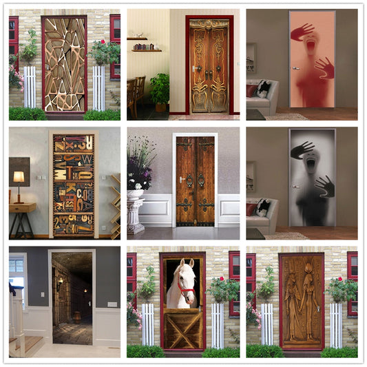 2PCS SET 3D Door Sticker PVC Self-adhesive Waterproof Removable Home Decor Wine Shelf Decals DIY Wall Art Mural stickers porte