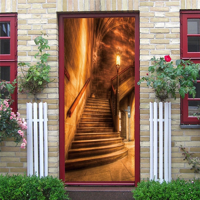 2PCS SET 3D Door Sticker PVC Self-adhesive Waterproof Removable Home Decor Wine Shelf Decals DIY Wall Art Mural stickers porte