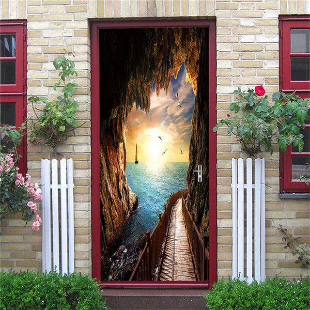 2PCS SET 3D Door Sticker PVC Self-adhesive Waterproof Removable Home Decor Wine Shelf Decals DIY Wall Art Mural stickers porte