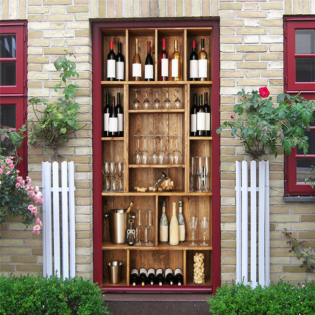2PCS SET 3D Door Sticker PVC Self-adhesive Waterproof Removable Home Decor Wine Shelf Decals DIY Wall Art Mural stickers porte