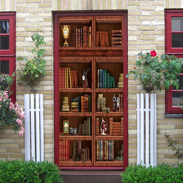 2PCS SET 3D Door Sticker PVC Self-adhesive Waterproof Removable Home Decor Wine Shelf Decals DIY Wall Art Mural stickers porte