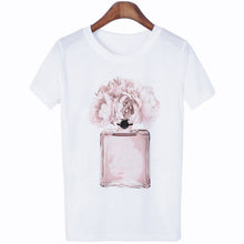 Load image into Gallery viewer, Women Clothes Summer Short Sleeve Fashion Perfume Flower Woman Female T-shirt Leisure Vogue Thin Section Printed Tshirt Top
