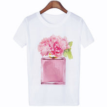 Load image into Gallery viewer, Women Clothes Summer Short Sleeve Fashion Perfume Flower Woman Female T-shirt Leisure Vogue Thin Section Printed Tshirt Top
