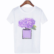 Load image into Gallery viewer, Women Clothes Summer Short Sleeve Fashion Perfume Flower Woman Female T-shirt Leisure Vogue Thin Section Printed Tshirt Top
