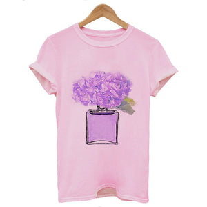 Women Clothes Summer Short Sleeve Fashion Perfume Flower Woman Female T-shirt Leisure Vogue Thin Section Printed Tshirt Top