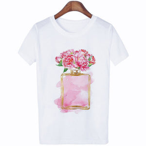 Women Clothes Summer Short Sleeve Fashion Perfume Flower Woman Female T-shirt Leisure Vogue Thin Section Printed Tshirt Top