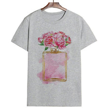 Load image into Gallery viewer, Women Clothes Summer Short Sleeve Fashion Perfume Flower Woman Female T-shirt Leisure Vogue Thin Section Printed Tshirt Top
