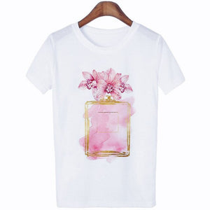 Women Clothes Summer Short Sleeve Fashion Perfume Flower Woman Female T-shirt Leisure Vogue Thin Section Printed Tshirt Top
