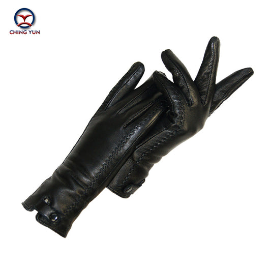 High-quality Genuine Leather Women Gloves Rabbit Fur Lining Riveted Clasp Winter Warm Woman Soft