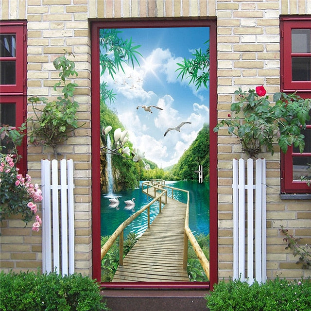 DIY 3D Decorative Wall Papers For The Door Stickers Waterproof Vinyl Design Self Stick View Door Posters