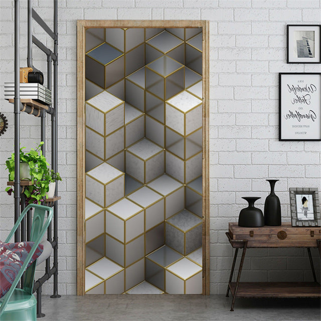 95x215cm Space Geometry Door Sticker Self Adhesive Waterproof Removable Wallpaper Vinyl Wall Decal Posters Home Decor deurposter