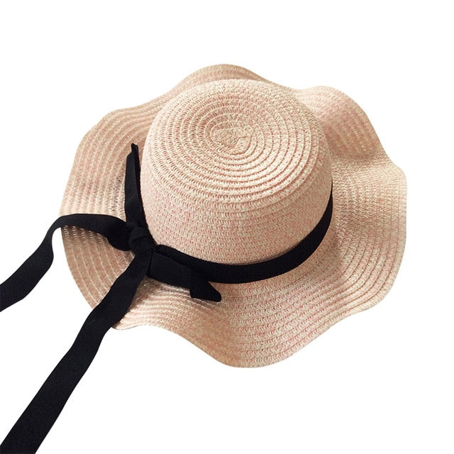 Girls Summer Cap Black Ribbon Decorate Wavy Straw Hat For Girls Children Panama Hat Kids Sun Cap Baby Beach Hats
