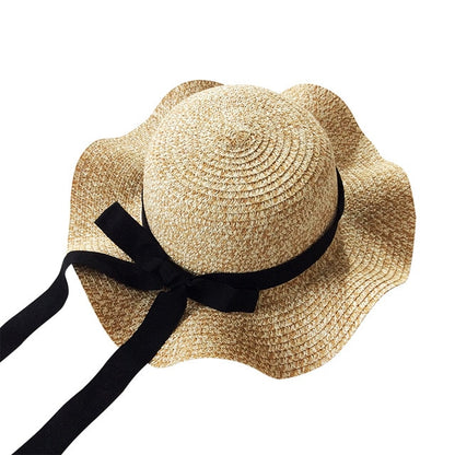 Girls Summer Cap Black Ribbon Decorate Wavy Straw Hat For Girls Children Panama Hat Kids Sun Cap Baby Beach Hats