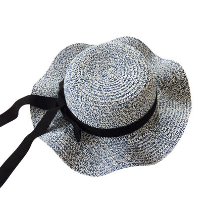 Girls Summer Cap Black Ribbon Decorate Wavy Straw Hat For Girls Children Panama Hat Kids Sun Cap Baby Beach Hats