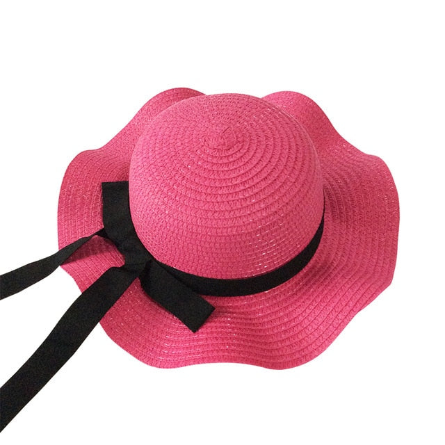 Girls Summer Cap Black Ribbon Decorate Wavy Straw Hat For Girls Children Panama Hat Kids Sun Cap Baby Beach Hats