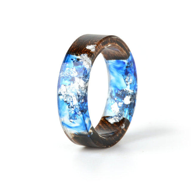 Unisex Handmade Wood Resin Ring Dried Flowers Plants Inside Jewelry Resin Ring Transparent Anniversary Every Day Ring