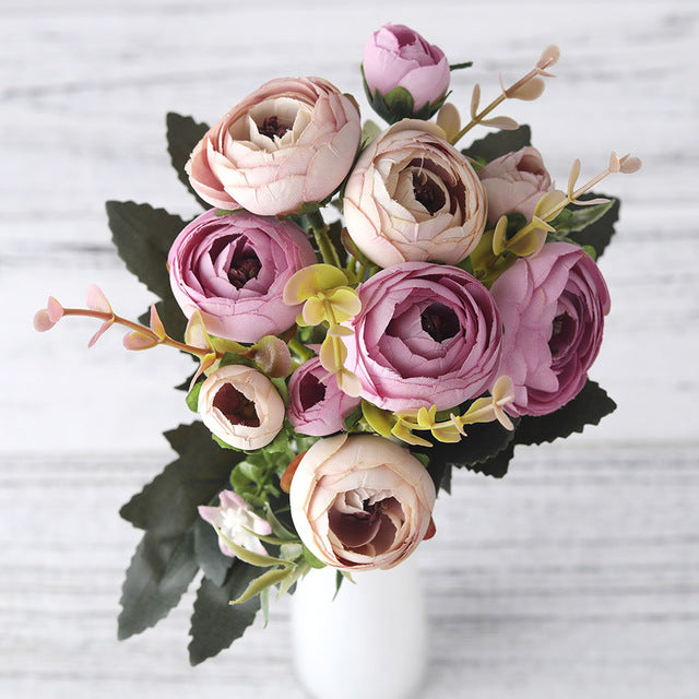 European Vintage Artificial Silk Tea Rose Flowers 6 head 4 Small bud Bouquet Wedding Home Retro Fake Flower Party DIY Decoration