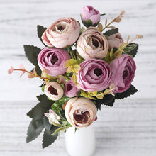 Load image into Gallery viewer, European Vintage Artificial Silk Tea Rose Flowers 6 head 4 Small bud Bouquet Wedding Home Retro Fake Flower Party DIY Decoration
