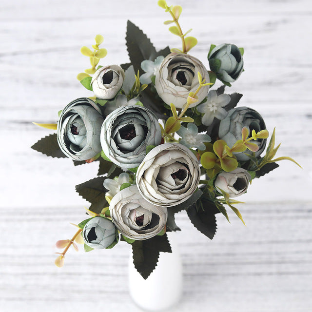 European Vintage Artificial Silk Tea Rose Flowers 6 head 4 Small bud Bouquet Wedding Home Retro Fake Flower Party DIY Decoration