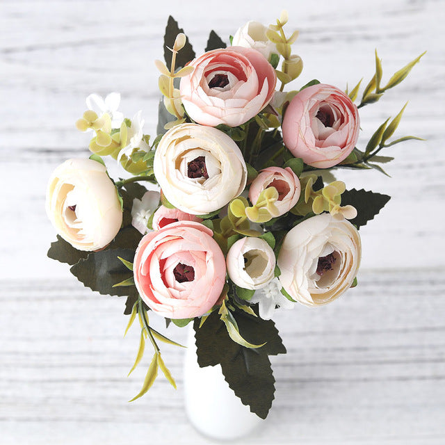 European Vintage Artificial Silk Tea Rose Flowers 6 head 4 Small bud Bouquet Wedding Home Retro Fake Flower Party DIY Decoration