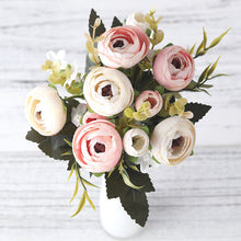 Load image into Gallery viewer, European Vintage Artificial Silk Tea Rose Flowers 6 head 4 Small bud Bouquet Wedding Home Retro Fake Flower Party DIY Decoration
