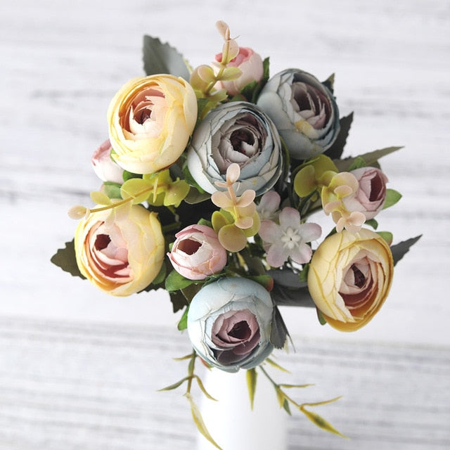European Vintage Artificial Silk Tea Rose Flowers 6 head 4 Small bud Bouquet Wedding Home Retro Fake Flower Party DIY Decoration