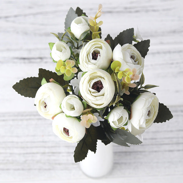 European Vintage Artificial Silk Tea Rose Flowers 6 head 4 Small bud Bouquet Wedding Home Retro Fake Flower Party DIY Decoration