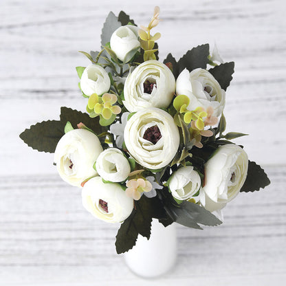 European Vintage Artificial Silk Tea Rose Flowers 6 head 4 Small bud Bouquet Wedding Home Retro Fake Flower Party DIY Decoration