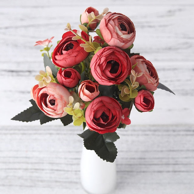 European Vintage Artificial Silk Tea Rose Flowers 6 head 4 Small bud Bouquet Wedding Home Retro Fake Flower Party DIY Decoration