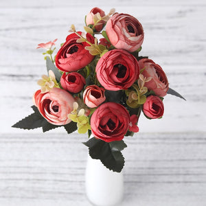 European Vintage Artificial Silk Tea Rose Flowers 6 head 4 Small bud Bouquet Wedding Home Retro Fake Flower Party DIY Decoration