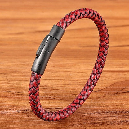 All Black Clasp Classic Style Men Leather Bracelet Simple Black Stainless Steel Button Neutral Accessories Hand-woven Jewelry Gifts