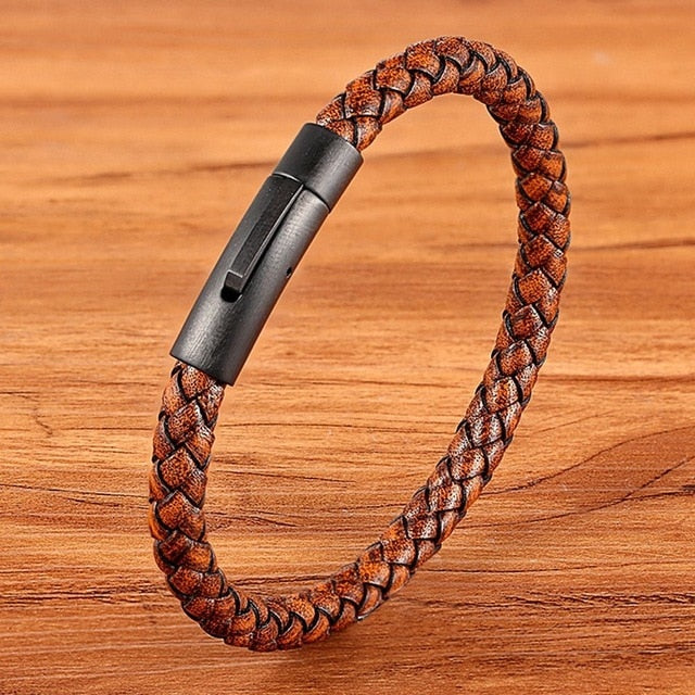 All Black Clasp Classic Style Men Leather Bracelet Simple Black Stainless Steel Button Neutral Accessories Hand-woven Jewelry Gifts