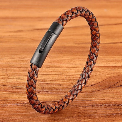 All Black Clasp Classic Style Men Leather Bracelet Simple Black Stainless Steel Button Neutral Accessories Hand-woven Jewelry Gifts