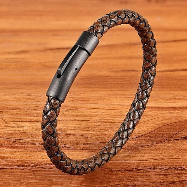 All Black Clasp Classic Style Men Leather Bracelet Simple Black Stainless Steel Button Neutral Accessories Hand-woven Jewelry Gifts