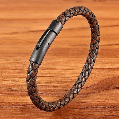All Black Clasp Classic Style Men Leather Bracelet Simple Black Stainless Steel Button Neutral Accessories Hand-woven Jewelry Gifts