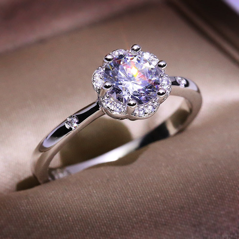 Sale 925 Sterling Silver 1-Carat Wedding Ring Flower CZ Stone Finger Rings for Women Silver Love Jewelry Great Gift Promise Ring