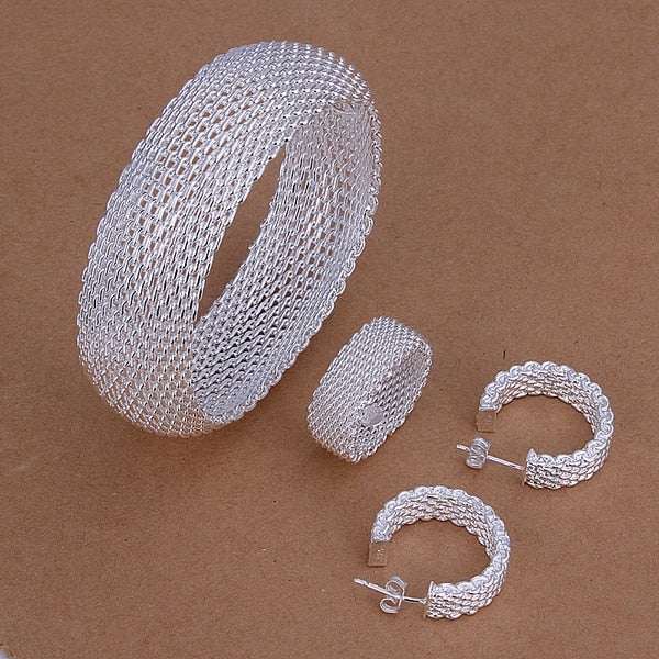 925 sterling silver wedding gift retro woven mesh Bangle ring Stud Earrings fashion fine jewelry Set